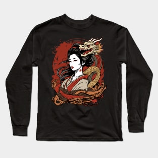 Asian Woman And Chinese Dragon Long Sleeve T-Shirt